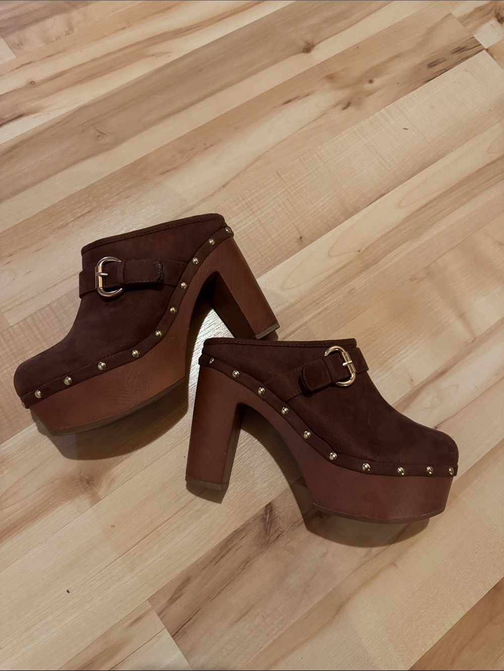 BAMBOO Brown Suede Platform Clog Heels with Gold Buckle